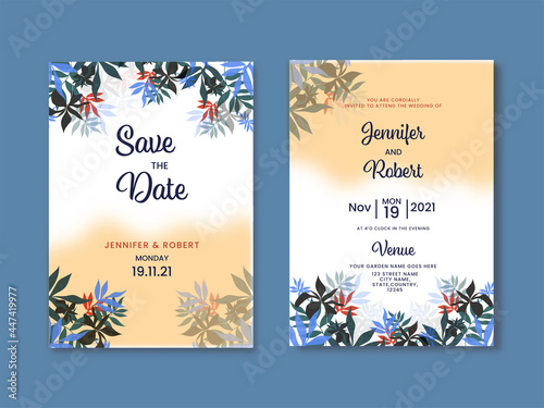 Floral Wedding Invitation Card And Save The Date Template On Blue Background.