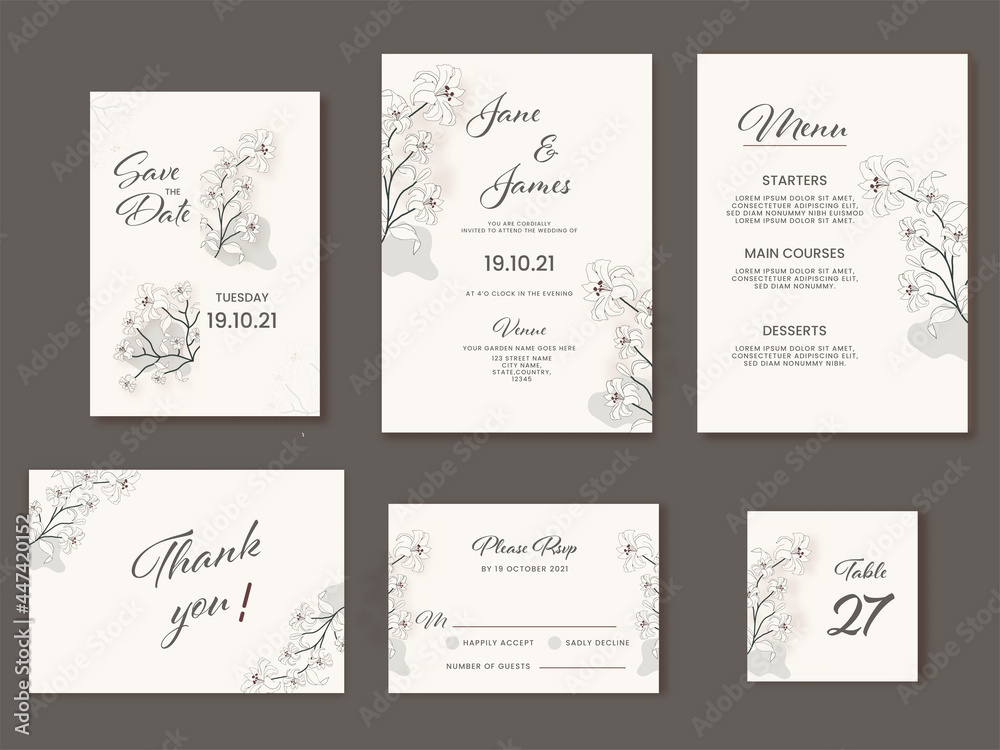 Wedding Invitation Suite Decorated With Lily Flowers In White Color.