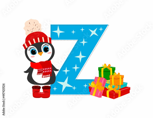 Cute Cartoon christmas penguin with letter Z. Perfect for greeting cards  party invitations  posters  stickers  pin  scrapbooking  icons.