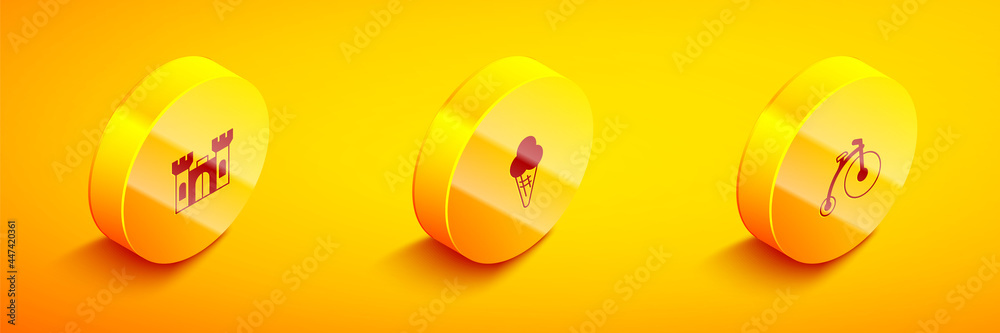 Set Isometric Castle, Ice cream in waffle cone and Vintage bicycle icon. Vector Set Isometric Castle, Ice cream in waffle cone and Vintage bicycle icon. Vector
