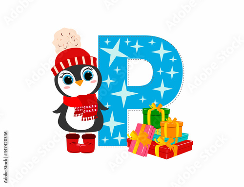 Wallpaper Mural Cute Cartoon christmas penguin with letter P. Perfect for greeting cards, party invitations, posters, stickers, pin, scrapbooking, icons. Torontodigital.ca