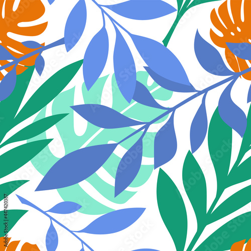 Vector seamless pattern with tropical leaves, palm, monstera, jungle in blue, green, orange colors.