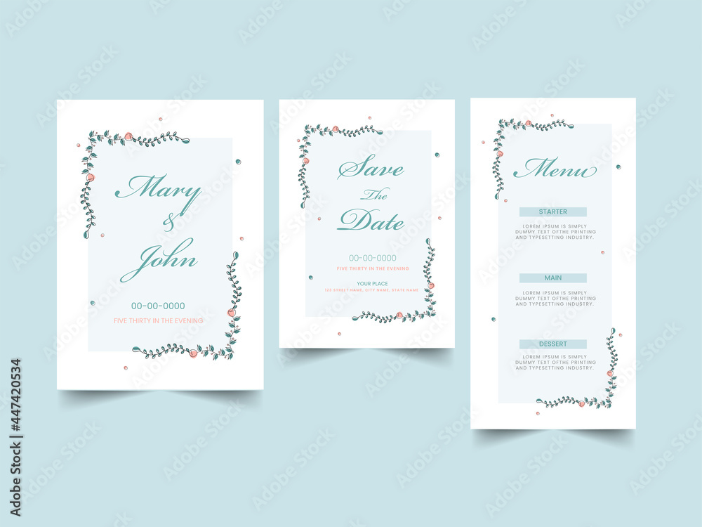 Wedding Invitation Card Like As Save The Date, Menu Template Layout On Blue Background.