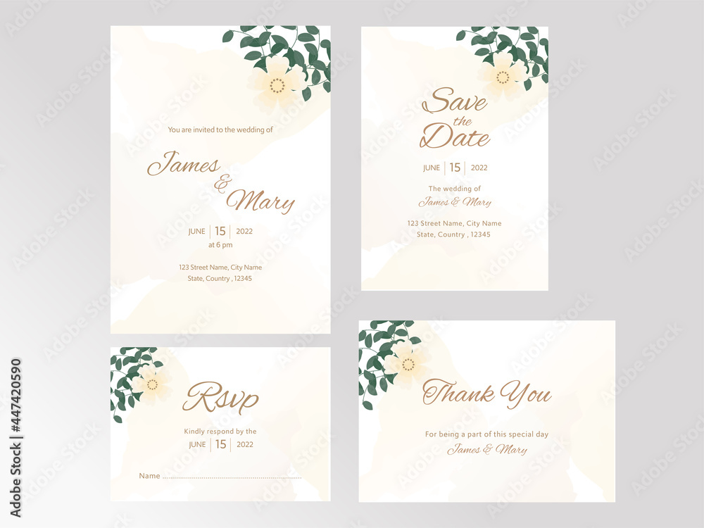 Wedding Invitation Suite With Four Options In Yellow And White Color.