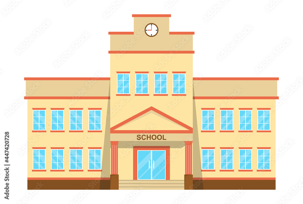 School building, school facade isolated on white background. Vector, cartoon illustration. Vector.