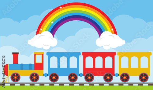 Children's toy train with carriages against the blue sky. Toy railroad with train. Vector, cartoon illustration. Vector.