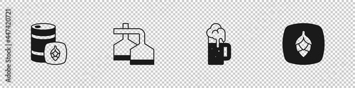 Set Metal beer keg, Beer brewing process, Wooden mug and Hop icon. Vector