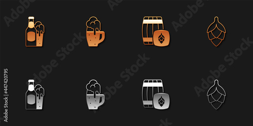 Set Beer bottle and glass, Glass of beer, Wooden barrel and Hop icon. Vector