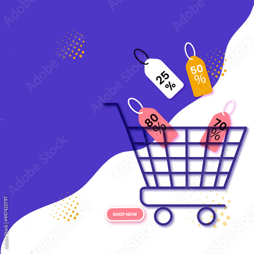 Advertising Poster Design With Shopping Trolley, Different Discount Tags On Violet And White Background For Sale.