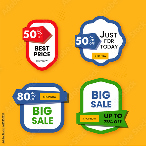 Sale Label Or Tag, Sticky Layout With Different Discount Offer In Four Options On Orange Background.
