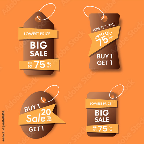 Big Sale Tags Collection With Different Discount Offers On Orange Background.