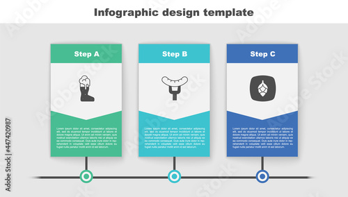 Set Boot beer glass, Sausage on the fork and Hop. Business infographic template. Vector