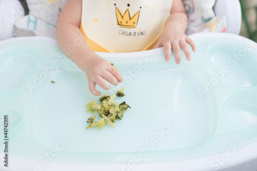 Focus on hand of baby wearing baby apron sitting on dining table eat broccoli by her self, Baby-Led Weaning concept
