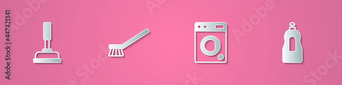 Set paper cut Rubber plunger, Brush for cleaning, Washer and Dishwashing liquid bottle icon. Paper art style. Vector