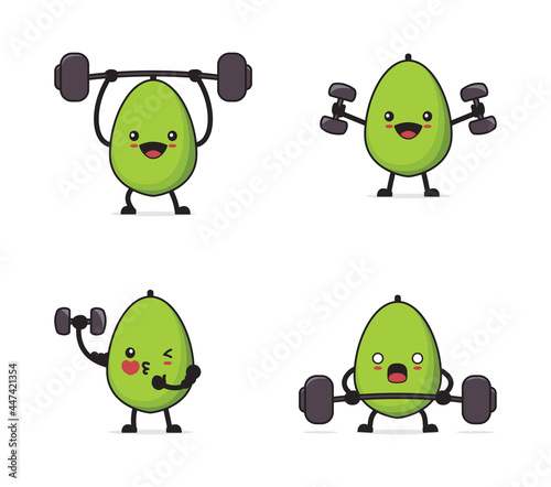 papaya cartoon. with exercise equipment, dumbbells, barbells.