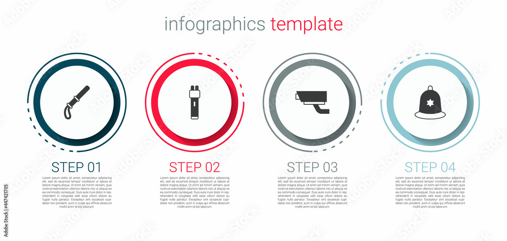 Set Police rubber baton, electric shocker, Security camera and British police helmet. Business infographic template. Vector Set Police rubber baton, electric shocker, Security camera and British police helmet. Business infographic template. Vector