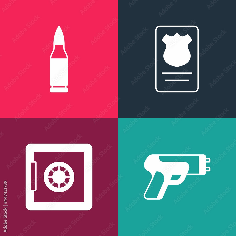 Set pop art Police electric shocker, Safe, badge with id case and Bullet icon. Vector Set pop art Police electric shocker, Safe, badge with id case and Bullet icon. Vector