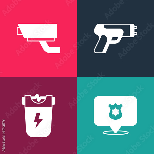Set pop art Police badge, electric shocker, and Security camera icon. Vector