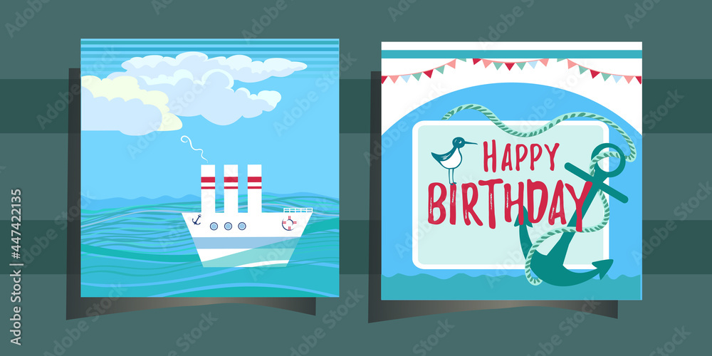 happy birthday card with marine motives