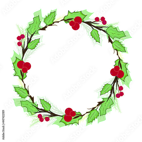 Christmas wreath with holly berries.New Year illustration