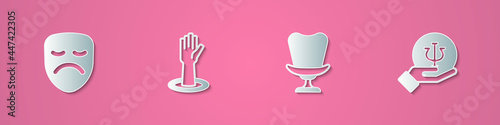 Set paper cut Drama theatrical mask, Helping hand, Armchair and Psychology, Psi icon. Paper art style. Vector