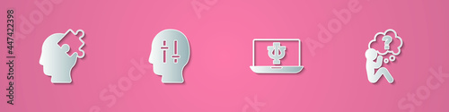 Set paper cut Solution to the problem, , Psychologist online and Head with question mark icon. Paper art style. Vector