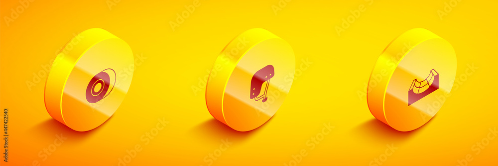 Set Isometric Skateboard wheel, helmet and park icon. Vector