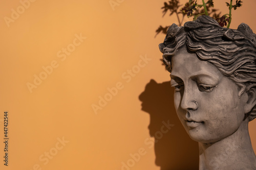 a thoughtful greek statue with a plant growing on its head in front of a flat floor