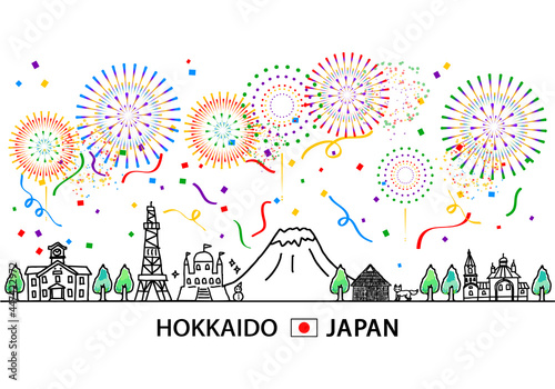 北海道の街並みと5色の紙吹雪と花火のシンプル線画