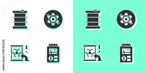 Set Dosimeter, Radioactive waste in barrel, and Atom icon. Vector