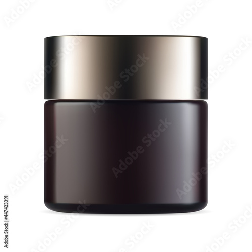 Brown cream jar, vector packaging product mockup. Round beauty cosmetic container, realistic chocolate plastic illustration. Premium mackeup texture gel. empty canister