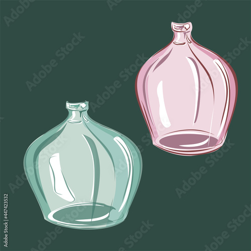 Glass vases, bottles, pink and green glass. Interior design, items for interior decoration. Isolated vector objects.