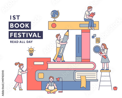 Book festival banner poster. Students are sitting around a pile of huge books and studying. outline simple vector illustration.