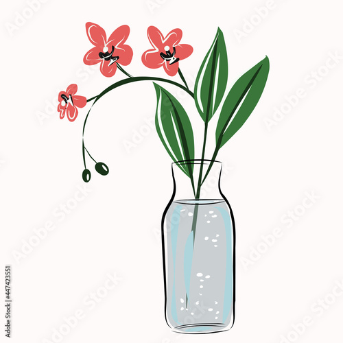 Flower in a pot  glass vase. Orchid. Interior decoration. Postcard  poster  pattern  flower shop. Isolated vector objects.