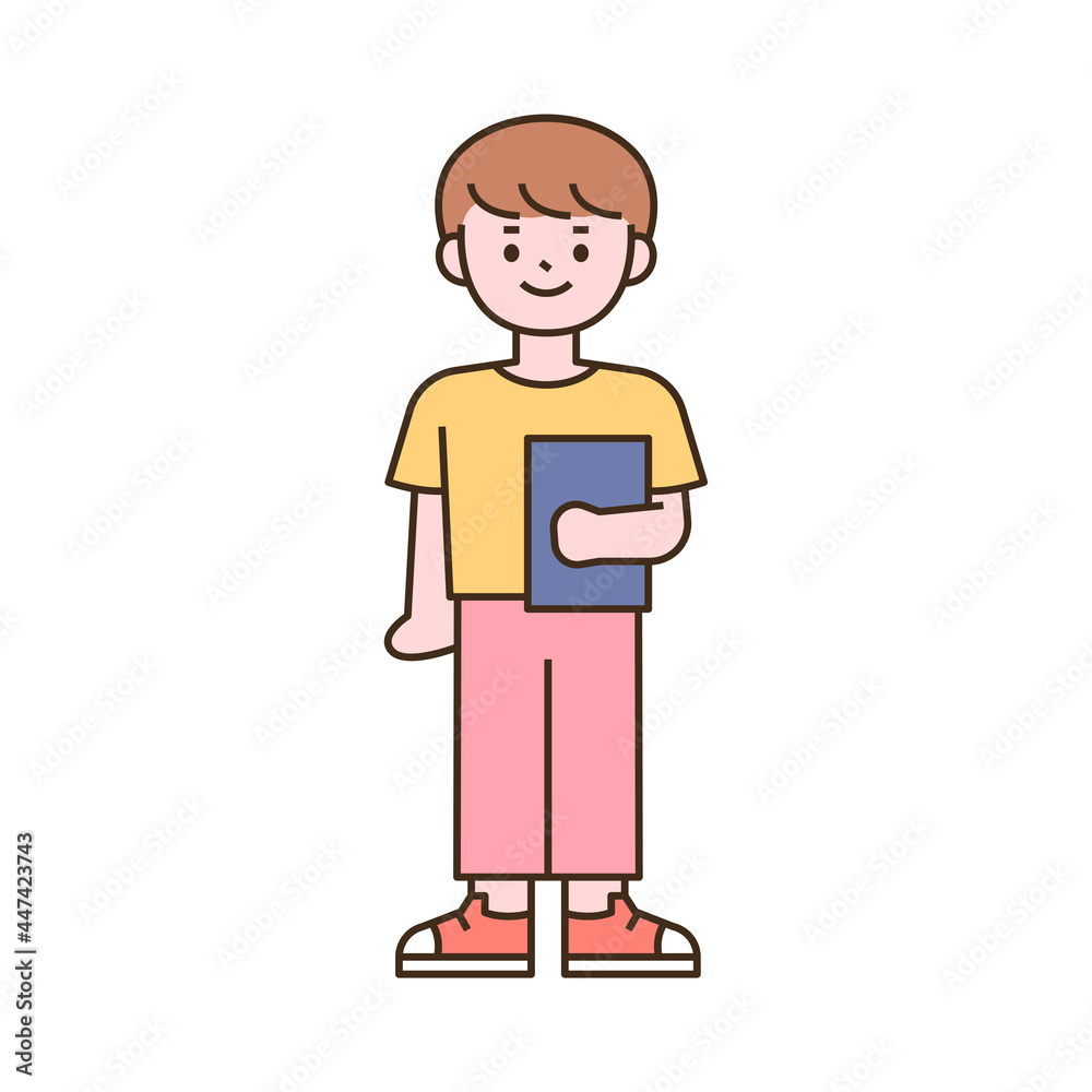 Cute students character. A boy standing with a book. outline simple vector illustration.