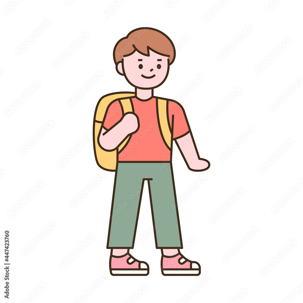 Cute students character. A boy standing with a bag. outline simple vector illustration.