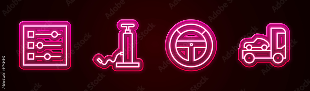 Set line Car settings, air pump, Steering wheel and transporter truck. Glowing neon icon. Vector