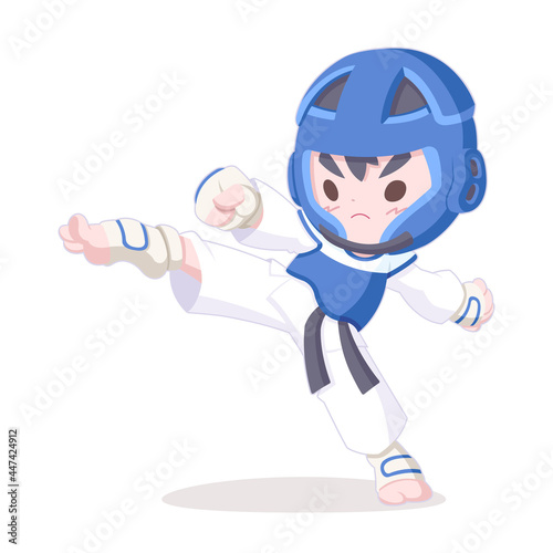Cute style Taekwondo athlete wearing trunk protector and head guard cartoon illustration

