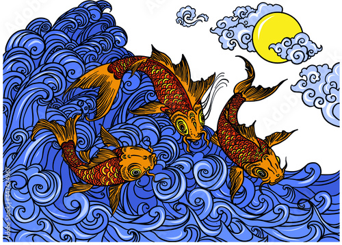 Кoi fish. Japanese style abstract pattern background design with koi fish.