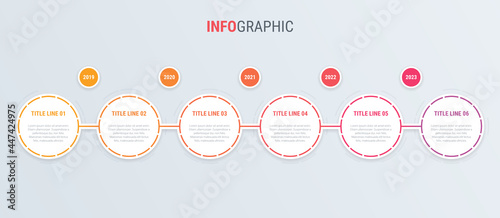 Red infographic template. 6 steps rounded design. Vector timeline elements for presentations. 