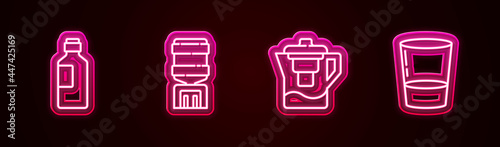 Set line Bottle of water, Water cooler, jug with filter and Glass. Glowing neon icon. Vector