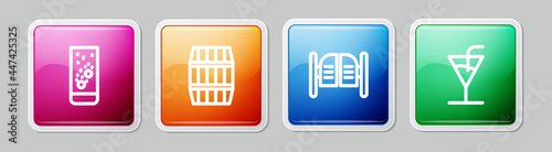 Set line Effervescent tablets in water, Wooden barrel, Saloon door and Cocktail. Colorful square button. Vector
