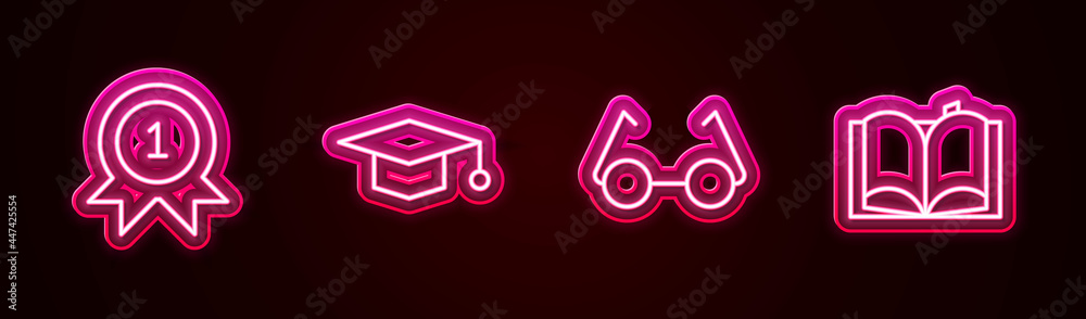 Fototapeta premium Set line Medal, Graduation cap, Glasses and Open book. Glowing neon icon. Vector