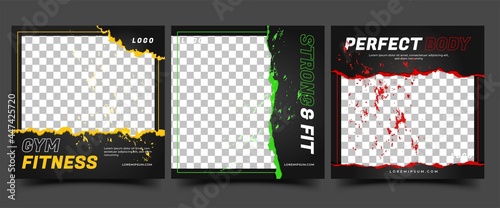 Social media post template design for Gym, Fitness, Workout, and Sports. Editable modern abstract banner with place for the photo. Usable for social media, banner , and website.