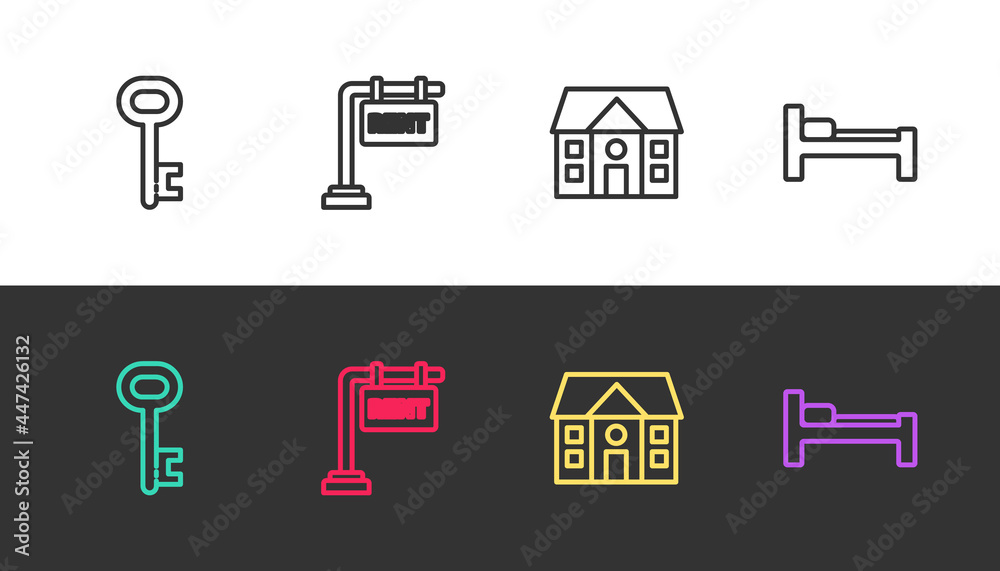 Set line House key, Hanging sign with Rent, and Bed on black and white. Vector Set line House key, Hanging sign with Rent, and Bed on black and white. Vector