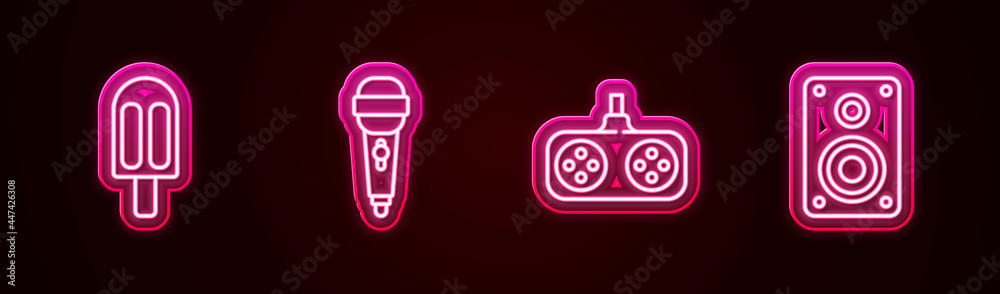 Set line Ice cream, Microphone, Gamepad and Stereo speaker. Glowing neon icon. Vector