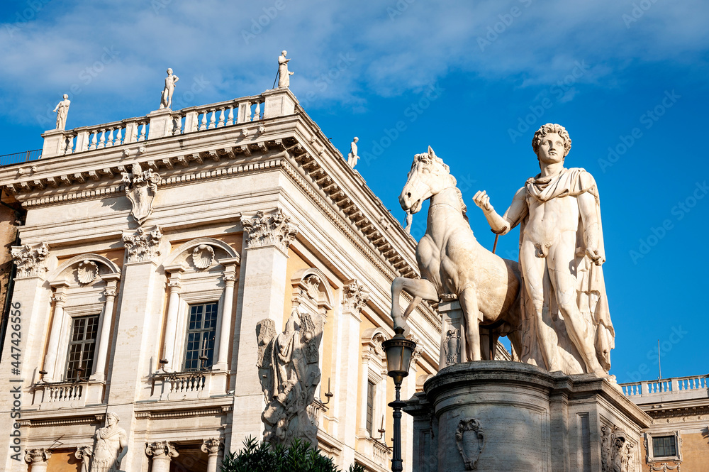 The Statue of Castor (Statua di Castore), a renaissance sculptural work installed at the entrance to Piazza del Campidoglio, on the top of Capitoline Hill in Rome, Italy