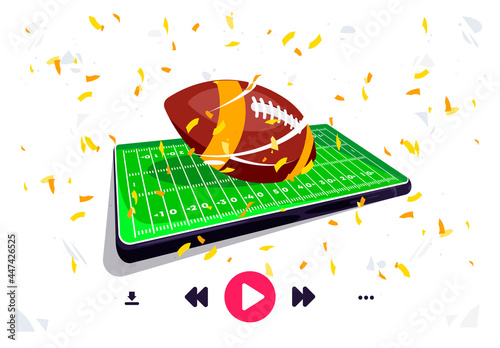 Vector illustration of an American football field on a mobile phone screen, a football ball lies in the center of a football field, online broadcast using a player via a smartphone, golden confetti