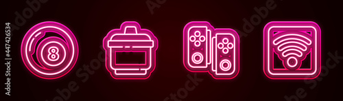 Set line Billiard pool snooker ball, Cooking pot, Gamepad and Wi-Fi wireless internet network. Glowing neon icon. Vector
