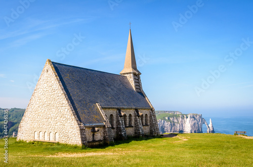 Notre-Dame de la Garde chapel, the arch and the Needle in Etretat, Normandy